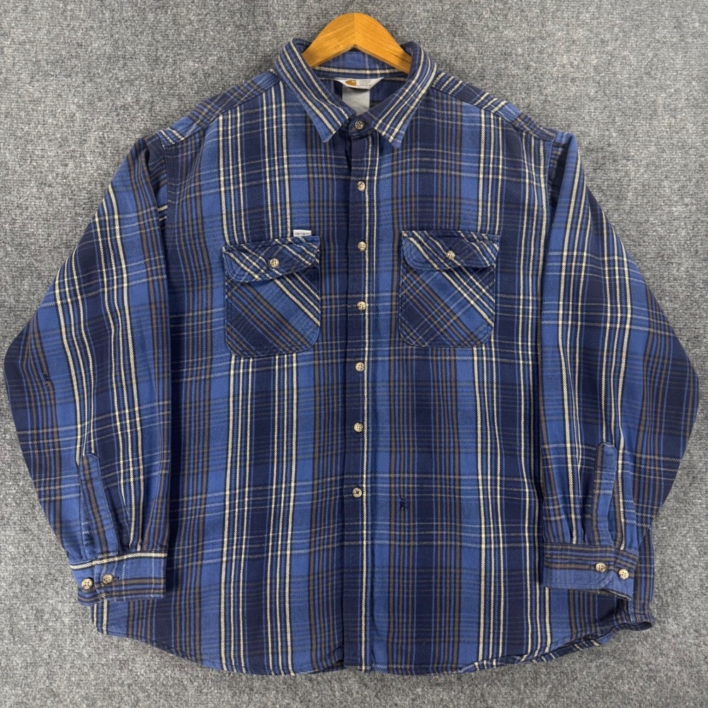 Vintage Carhartt Rugged Outdoor Wear 2XL Plaid Flannel Shirt Men's Blue USA
